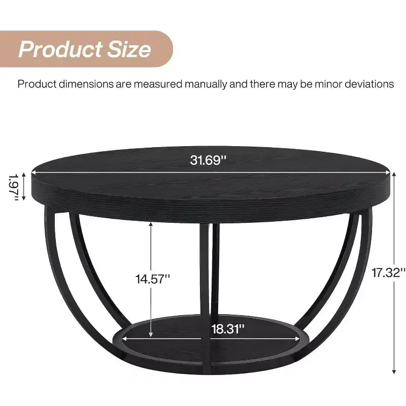 Tavolino da Caffè Rotondo, Tavolino da Caffè Circolare 32 Pollici Stile Farmhouse per Soggiorno, Tavolino Centrale Moderno a 2 Livelli in Legno con Ripiani Aperti, Nero