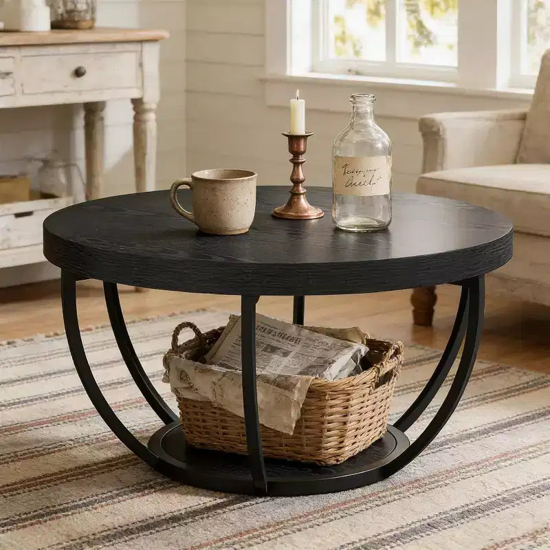 Tavolino da Caffè Rotondo, Tavolino da Caffè Circolare 32 Pollici Stile Farmhouse per Soggiorno, Tavolino Centrale Moderno a 2 Livelli in Legno con Ripiani Aperti, Nero