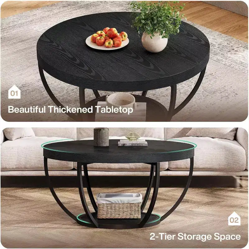 Tavolino da Caffè Rotondo, Tavolino da Caffè Circolare 32 Pollici Stile Farmhouse per Soggiorno, Tavolino Centrale Moderno a 2 Livelli in Legno con Ripiani Aperti, Nero