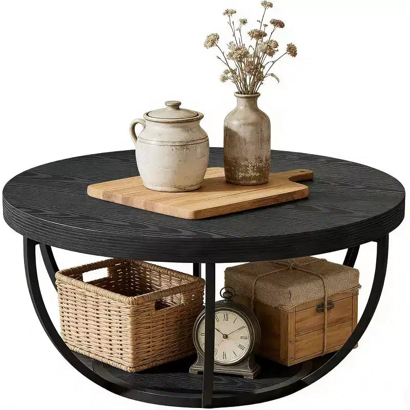 Tavolino da Caffè Rotondo, Tavolino da Caffè Circolare 32 Pollici Stile Farmhouse per Soggiorno, Tavolino Centrale Moderno a 2 Livelli in Legno con Ripiani Aperti, Nero