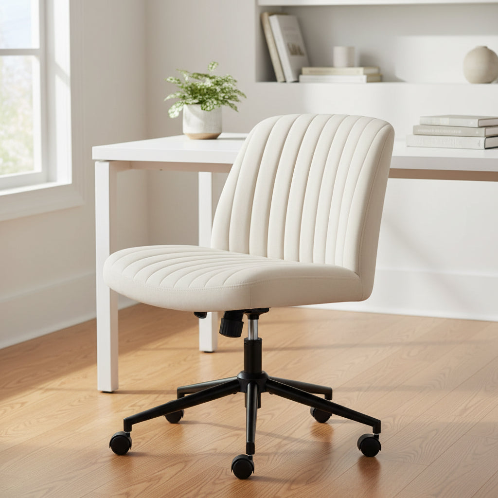 MAYEERTY Cross-Legged Office Vanity Chair, Armless Swivel Fabric Chair with Replaceable Wheels Fixed Base