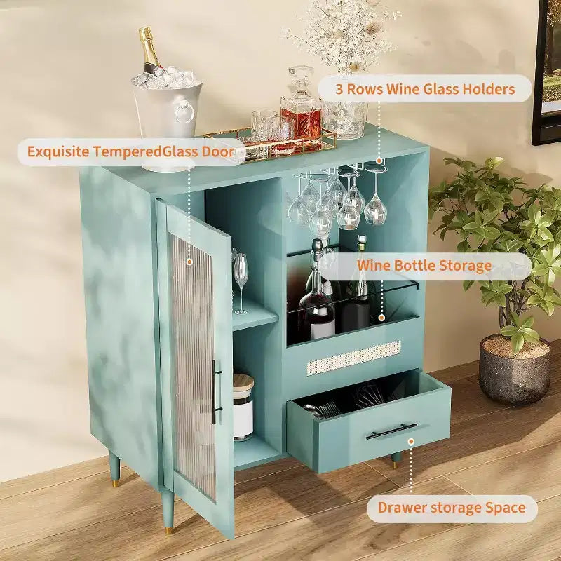 Mobiletto verde con portabicchieri e contenitore, credenza e mobiletto moderno da 30.7 pollici per cucina, sala da pranzo, soggiorno