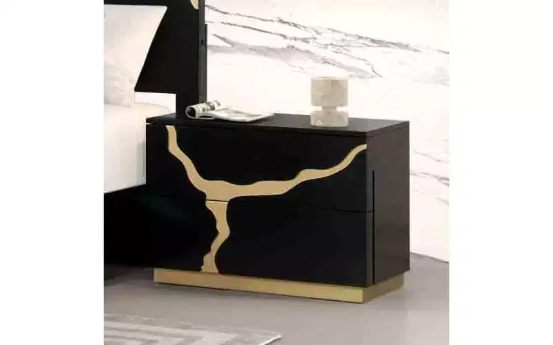 Comodino moderno singolo da 71 cm, finitura laccata oro con motivo, cassetti a coda di rondine in stile francese e inglese, mobili per camera da letto neri e oro