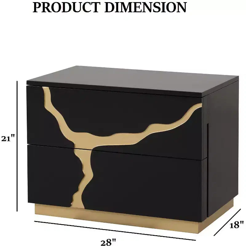Comodino moderno singolo da 71 cm, finitura laccata oro con motivo, cassetti a coda di rondine in stile francese e inglese, mobili per camera da letto neri e oro