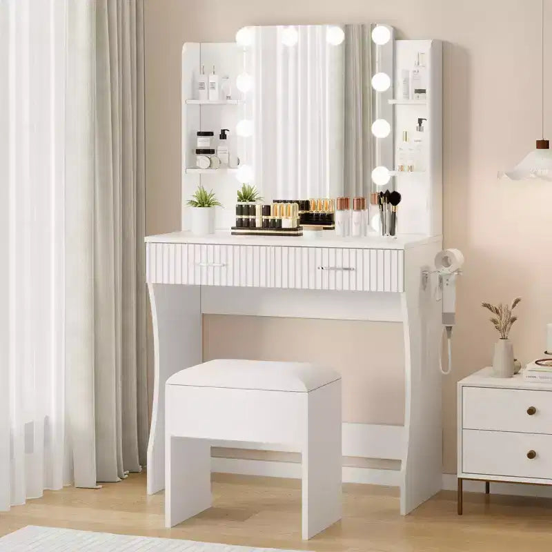 Toeletta Trucco con Specchio e 12 Luci LED, Tavolo da Trucco Moderno con Presa di Corrente, 2 Cassetti, Supporto per Asciugacapelli e Sgabello, per Camera da Letto