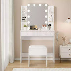 Toeletta Trucco con Specchio e 12 Luci LED, Tavolo da Trucco Moderno con Presa di Corrente, 2 Cassetti, Supporto per Asciugacapelli e Sgabello, per Camera da Letto