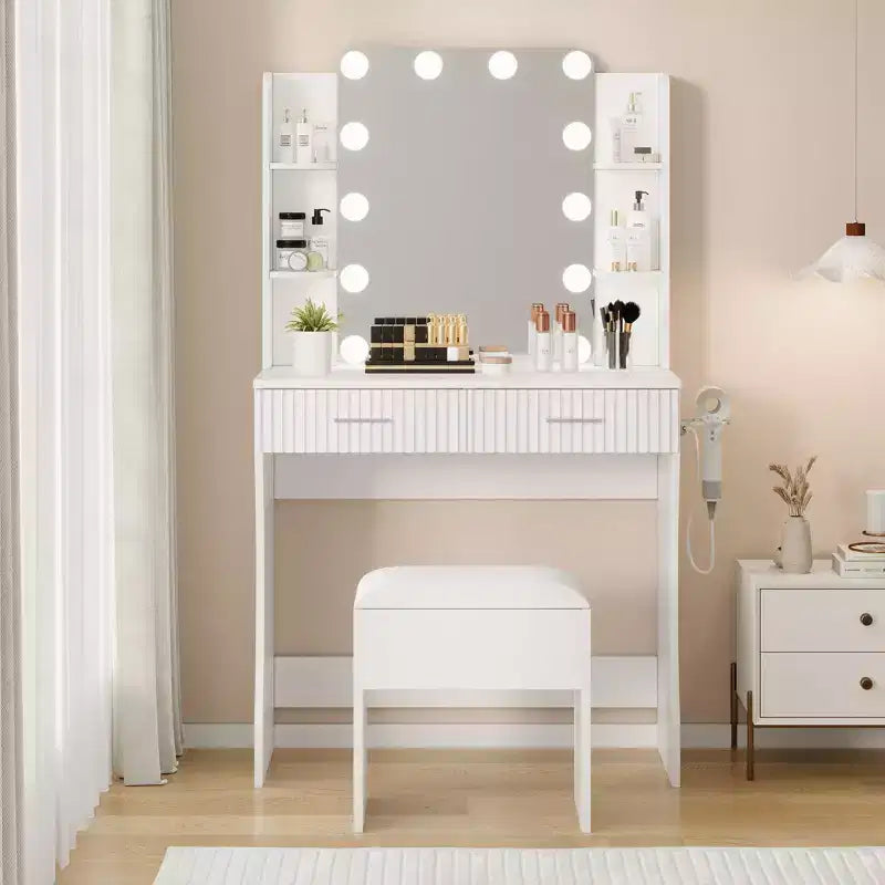 Toeletta Trucco con Specchio e 12 Luci LED, Tavolo da Trucco Moderno con Presa di Corrente, 2 Cassetti, Supporto per Asciugacapelli e Sgabello, per Camera da Letto