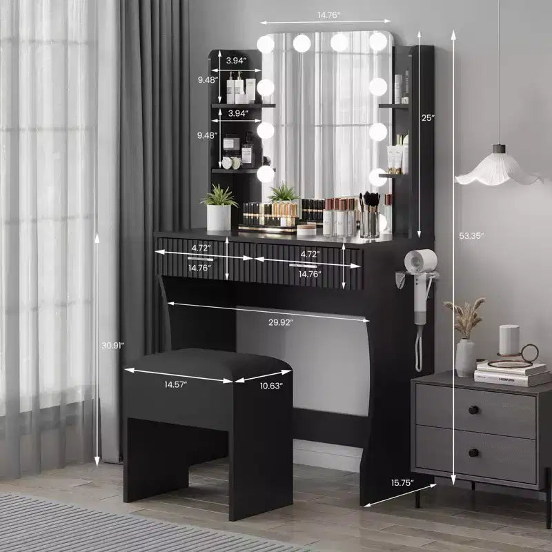 Toeletta Trucco con Specchio e 12 Luci LED, Tavolo da Trucco Moderno con Presa di Corrente, 2 Cassetti, Supporto per Asciugacapelli e Sgabello, per Camera da Letto