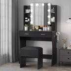 Toeletta Trucco con Specchio e 12 Luci LED, Tavolo da Trucco Moderno con Presa di Corrente, 2 Cassetti, Supporto per Asciugacapelli e Sgabello, per Camera da Letto