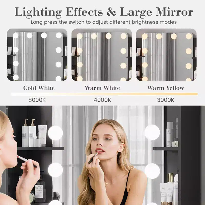 Toeletta Trucco con Specchio e 12 Luci LED, Tavolo da Trucco Moderno con Presa di Corrente, 2 Cassetti, Supporto per Asciugacapelli e Sgabello, per Camera da Letto
