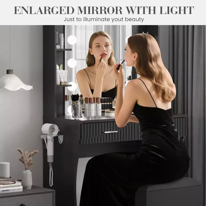 Toeletta Trucco con Specchio e 12 Luci LED, Tavolo da Trucco Moderno con Presa di Corrente, 2 Cassetti, Supporto per Asciugacapelli e Sgabello, per Camera da Letto