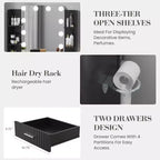 Toeletta Trucco con Specchio e 12 Luci LED, Tavolo da Trucco Moderno con Presa di Corrente, 2 Cassetti, Supporto per Asciugacapelli e Sgabello, per Camera da Letto