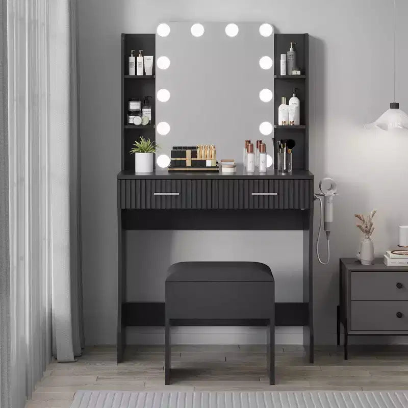 Toeletta Trucco con Specchio e 12 Luci LED, Tavolo da Trucco Moderno con Presa di Corrente, 2 Cassetti, Supporto per Asciugacapelli e Sgabello, per Camera da Letto