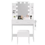 Toeletta Trucco con Specchio e 12 Luci LED, Tavolo da Trucco Moderno con Presa di Corrente, 2 Cassetti, Supporto per Asciugacapelli e Sgabello, per Camera da Letto