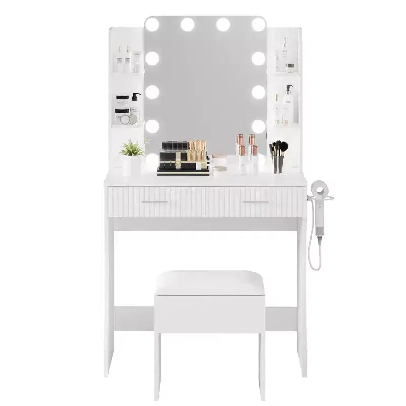 Toeletta Trucco con Specchio e 12 Luci LED, Tavolo da Trucco Moderno con Presa di Corrente, 2 Cassetti, Supporto per Asciugacapelli e Sgabello, per Camera da Letto