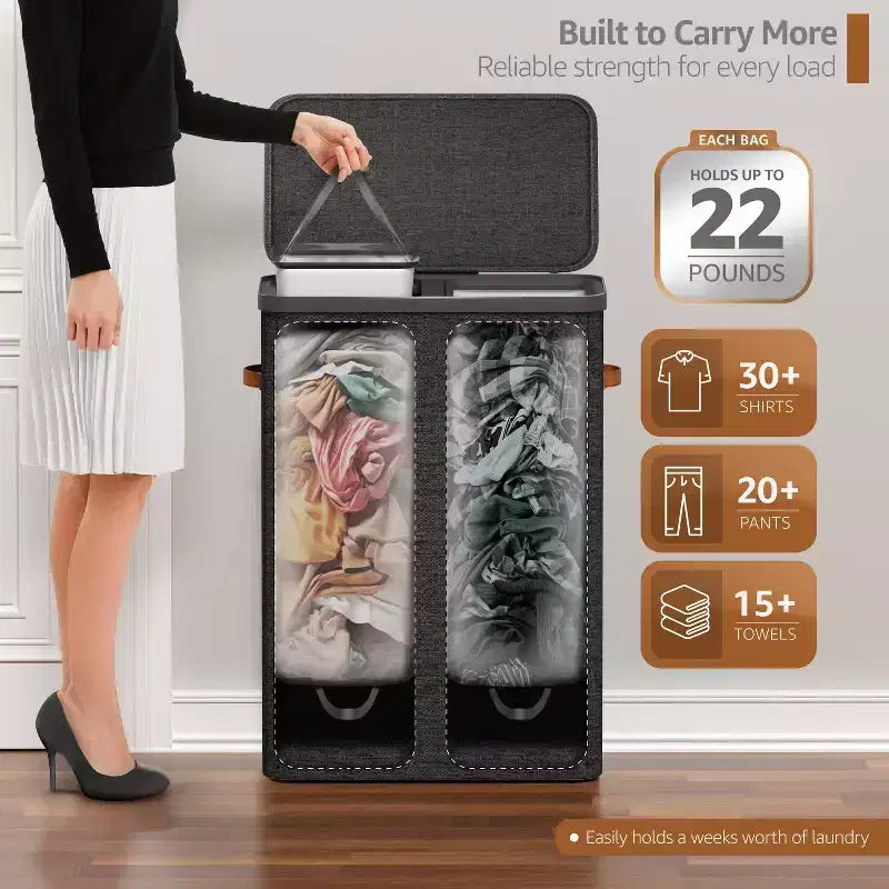 Cesto portabiancheria a 2 scomparti con sacca estraibile - Organizzatore resistente per bagno, camera da letto o lavanderia - Design salvaspazio