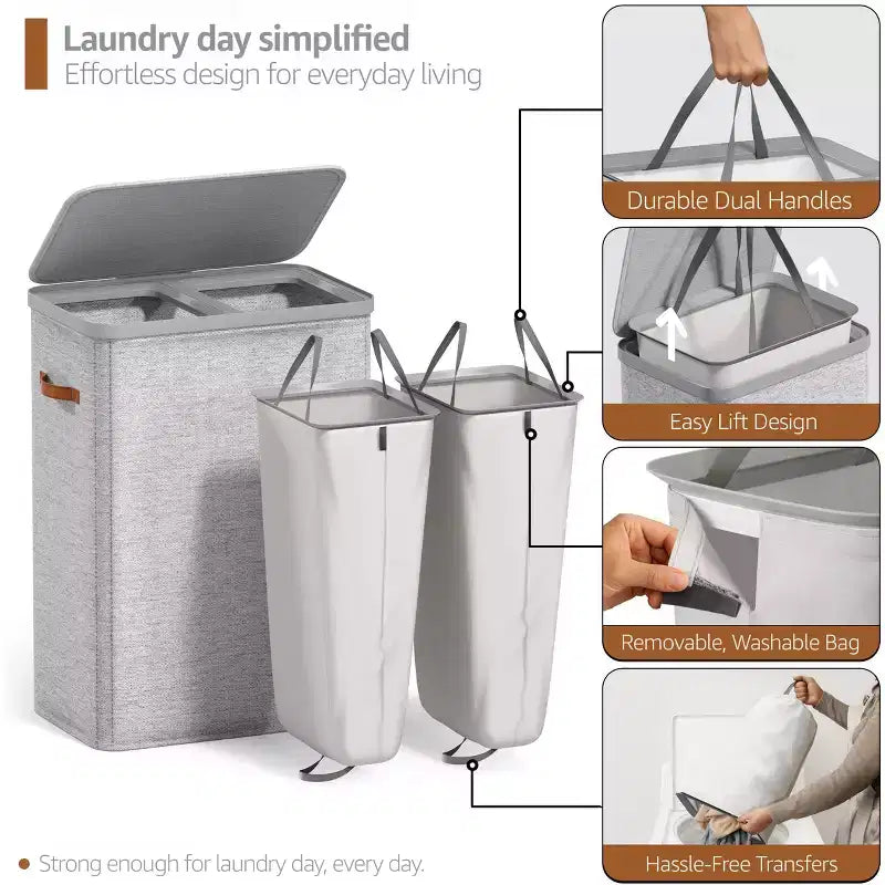 Cesto portabiancheria a 2 scomparti con sacca estraibile - Organizzatore resistente per bagno, camera da letto o lavanderia - Design salvaspazio