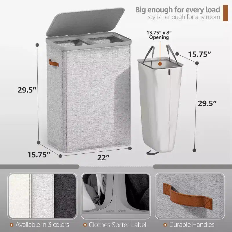 Cesto portabiancheria a 2 scomparti con sacca estraibile - Organizzatore resistente per bagno, camera da letto o lavanderia - Design salvaspazio