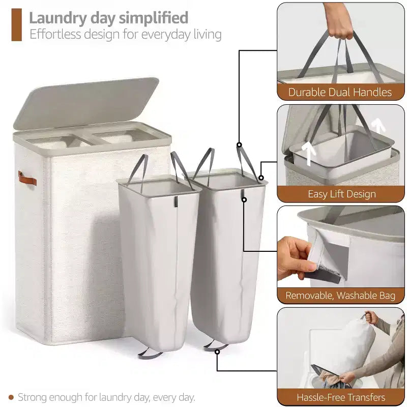 Cesto portabiancheria a 2 scomparti con sacca estraibile - Organizzatore resistente per bagno, camera da letto o lavanderia - Design salvaspazio