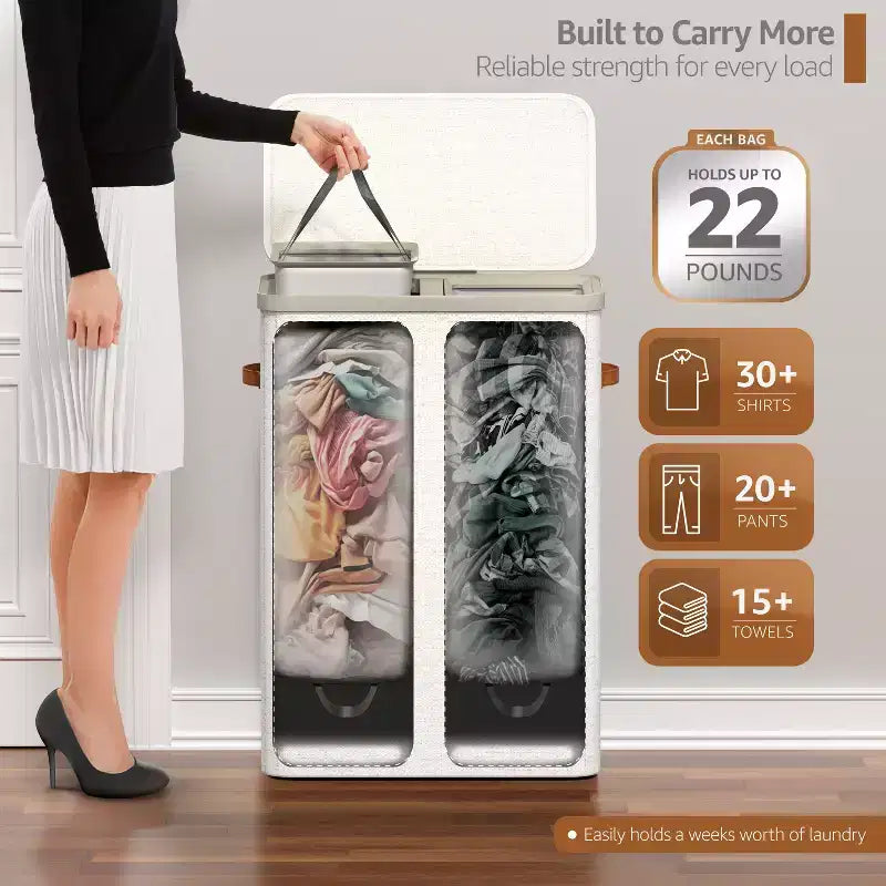 Cesto portabiancheria a 2 scomparti con sacca estraibile - Organizzatore resistente per bagno, camera da letto o lavanderia - Design salvaspazio
