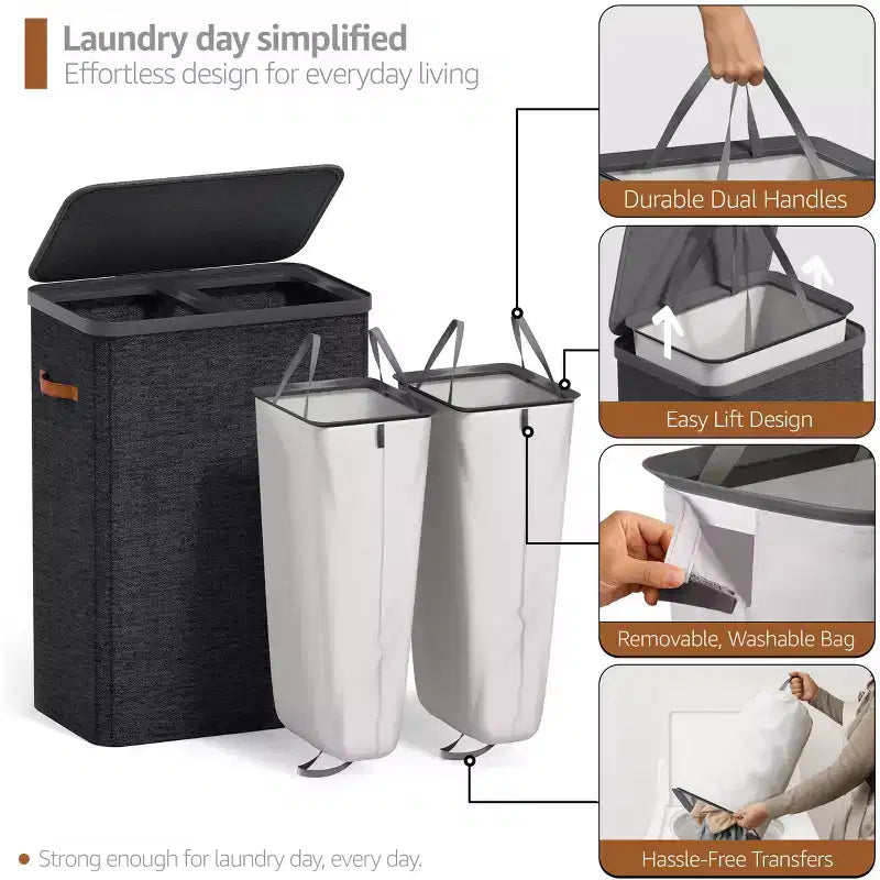 Cesto portabiancheria a 2 scomparti con sacca estraibile - Organizzatore resistente per bagno, camera da letto o lavanderia - Design salvaspazio
