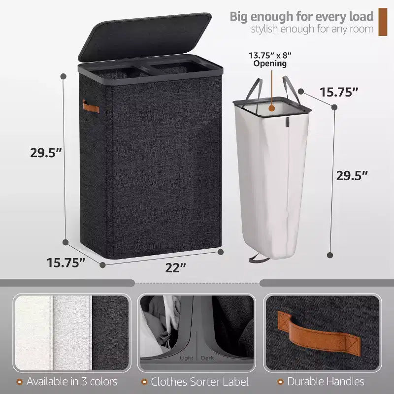 Cesto portabiancheria a 2 scomparti con sacca estraibile - Organizzatore resistente per bagno, camera da letto o lavanderia - Design salvaspazio
