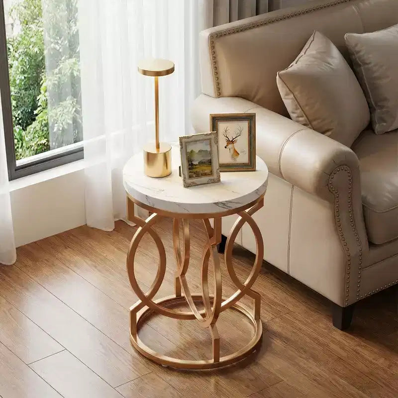 Tavolino Rotondo, Comodino Moderno con Piano Effetto Marmo