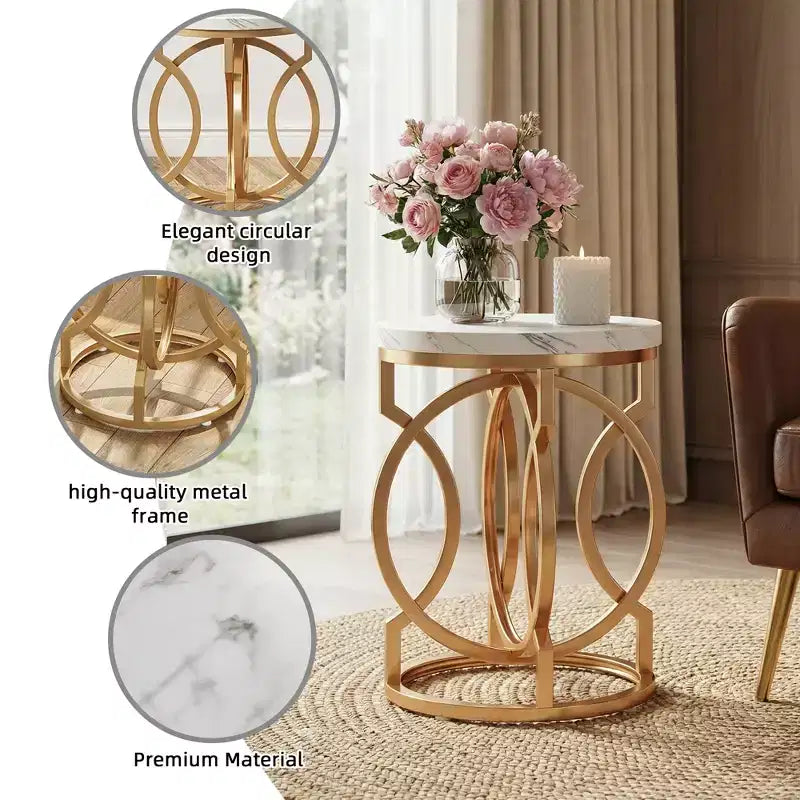 Tavolino Rotondo, Comodino Moderno con Piano Effetto Marmo
