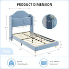 Letti Singoli per Bambini/Ragazze, Letto a Piattaforma in Velluto Wingback con Luci LED per Principessa, Testiera Imbottita con Contenitore, Supporto a Doghe in Legno, Blu