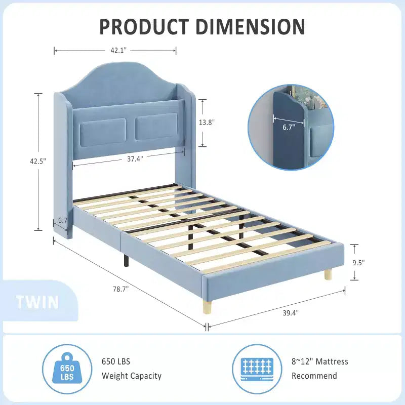 Letti Singoli per Bambini/Ragazze, Letto a Piattaforma in Velluto Wingback con Luci LED per Principessa, Testiera Imbottita con Contenitore, Supporto a Doghe in Legno, Blu