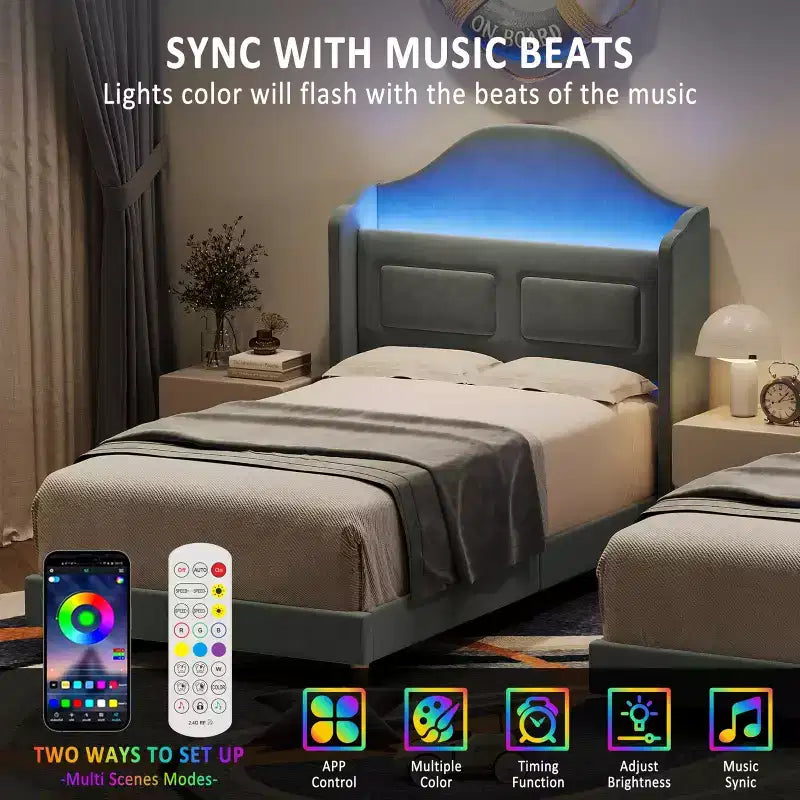 Letti Singoli per Bambini/Ragazze, Letto a Piattaforma in Velluto Wingback con Luci LED per Principessa, Testiera Imbottita con Contenitore, Supporto a Doghe in Legno, Blu