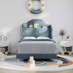 Letti Singoli per Bambini/Ragazze, Letto a Piattaforma in Velluto Wingback con Luci LED per Principessa, Testiera Imbottita con Contenitore, Supporto a Doghe in Legno, Blu