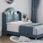 Letti Singoli per Bambini/Ragazze, Letto a Piattaforma in Velluto Wingback con Luci LED per Principessa, Testiera Imbottita con Contenitore, Supporto a Doghe in Legno, Blu