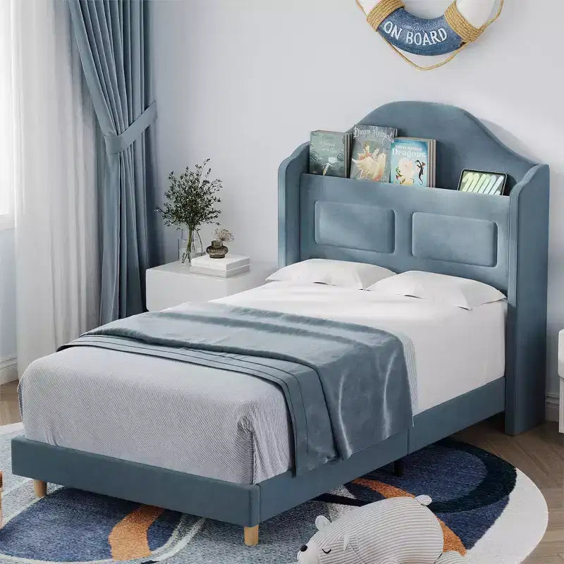 Letti Singoli per Bambini/Ragazze, Letto a Piattaforma in Velluto Wingback con Luci LED per Principessa, Testiera Imbottita con Contenitore, Supporto a Doghe in Legno, Blu
