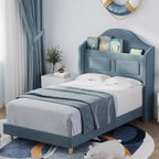 Letti Singoli per Bambini/Ragazze, Letto a Piattaforma in Velluto Wingback con Luci LED per Principessa, Testiera Imbottita con Contenitore, Supporto a Doghe in Legno, Blu
