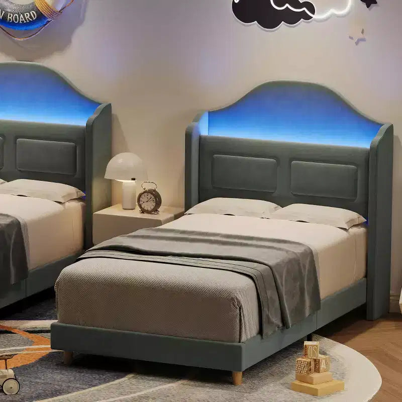 Letti Singoli per Bambini/Ragazze, Letto a Piattaforma in Velluto Wingback con Luci LED per Principessa, Testiera Imbottita con Contenitore, Supporto a Doghe in Legno, Blu