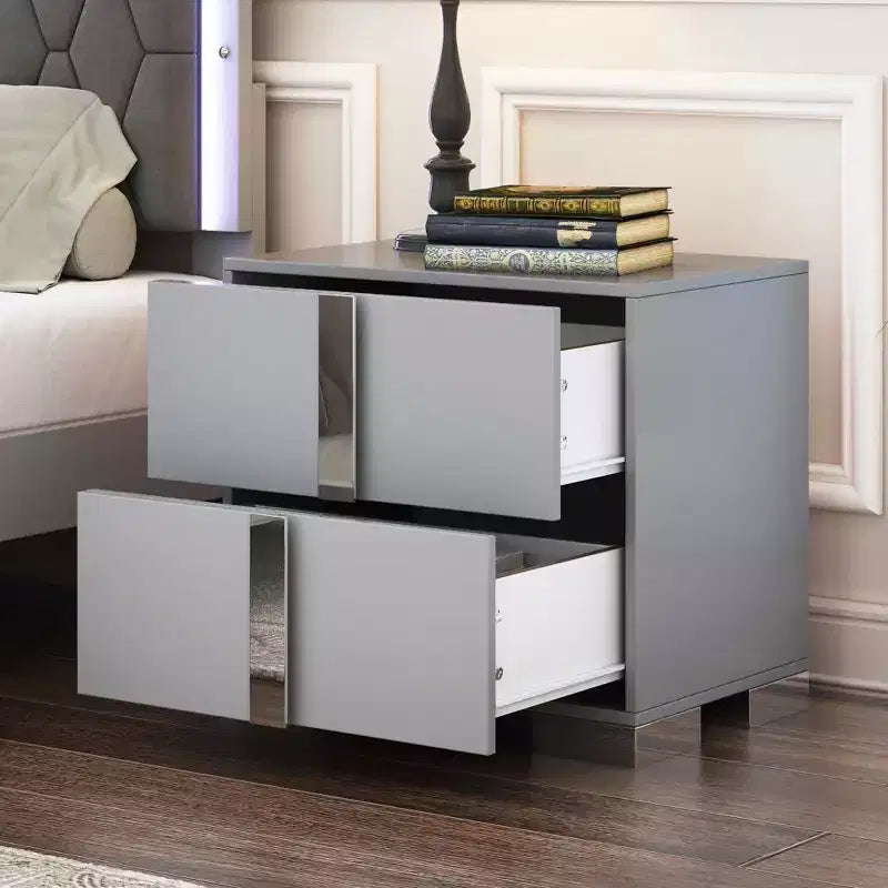 Comodino con Base in Metallo a 2 Cassetti per Camera da Letto Soggiorno Grigio