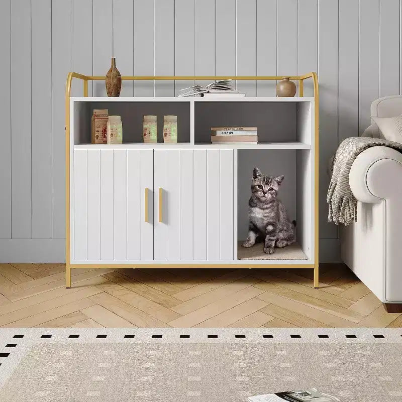 Mobili Copri Lettiera per Gatti Nascosta con Scaffali Contenitori, Mobiletto Cuccia per Gatti con Struttura in Metallo e Tavolino per Interni