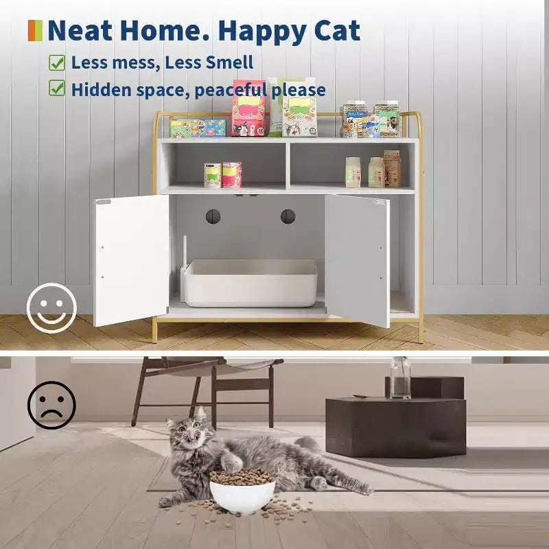 Mobili Copri Lettiera per Gatti Nascosta con Scaffali Contenitori, Mobiletto Cuccia per Gatti con Struttura in Metallo e Tavolino per Interni