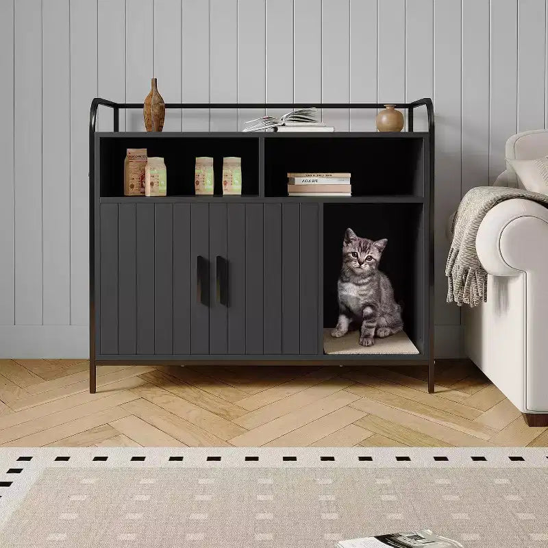 Mobili Copri Lettiera per Gatti Nascosta con Scaffali Contenitori, Mobiletto Cuccia per Gatti con Struttura in Metallo e Tavolino per Interni