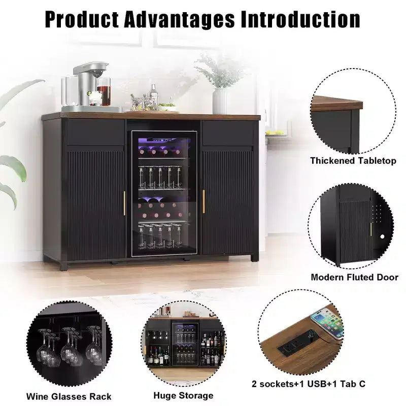 Mobile bar caffè con spazio per frigorifero, buffet credenza per mini frigorifero 53,2L nero